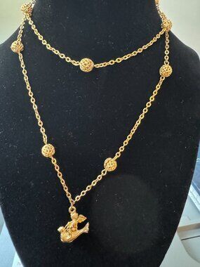 Vintage 1980s IFA Signed Cherub Riding Dove Necklace Antique Gold Revival